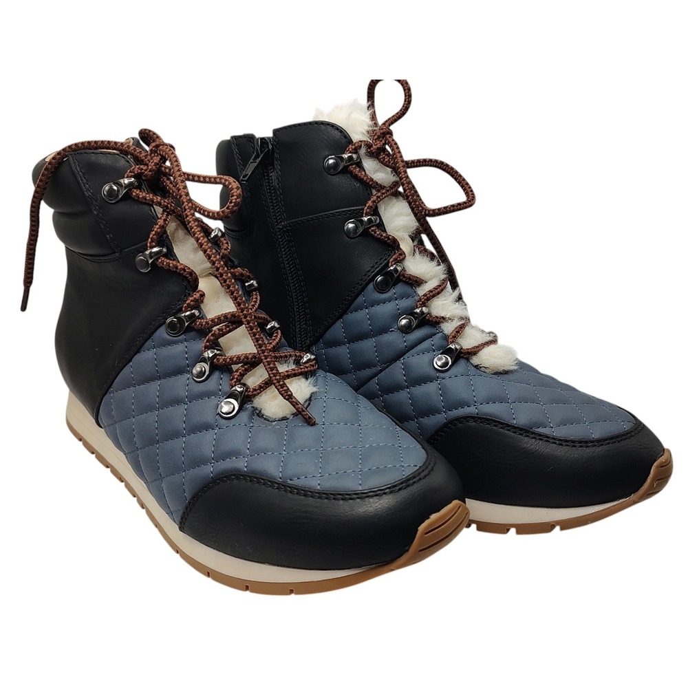 Wonderly Baluxy Boots Quilted Blue‎ Faux Fur Zip Up Lace Up Womens Size Eight M